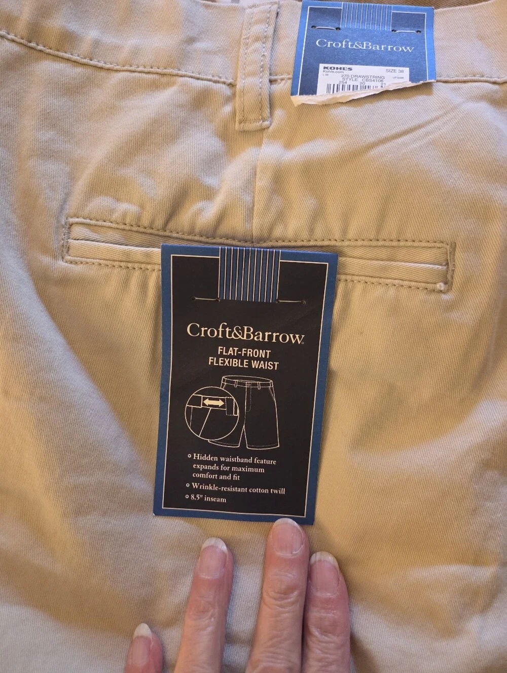 Croft&Barrow Lot/2 Cotton Shorts LtBeige/Khaki Flat Front Flex Waist Size 38 NWT